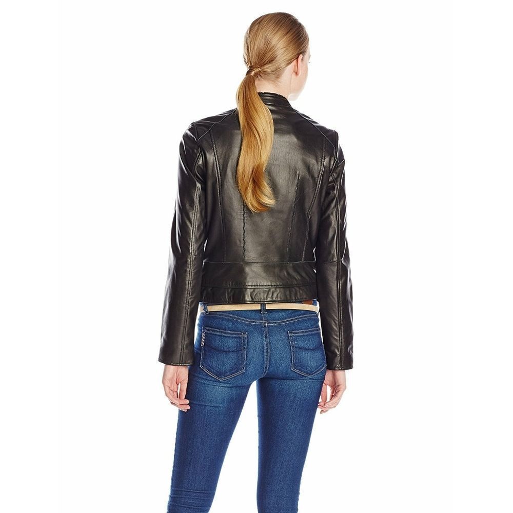 New! ANDREW MARC New York Women's Black Moto Biker Leather Jacket Full Zip Small - Picture 6 of 7